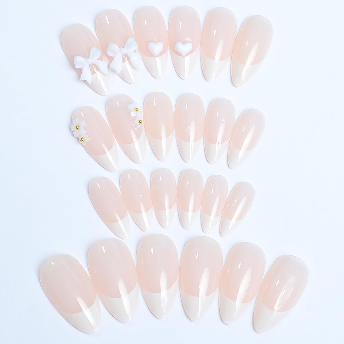 FANTACIEL Almond Press On Nails, Light Pink Bow False Nails Full Cover Glossy Glue On Nails, Cute Romantic Fake Nails for Women Valentine’s Day Date Party 24PCS