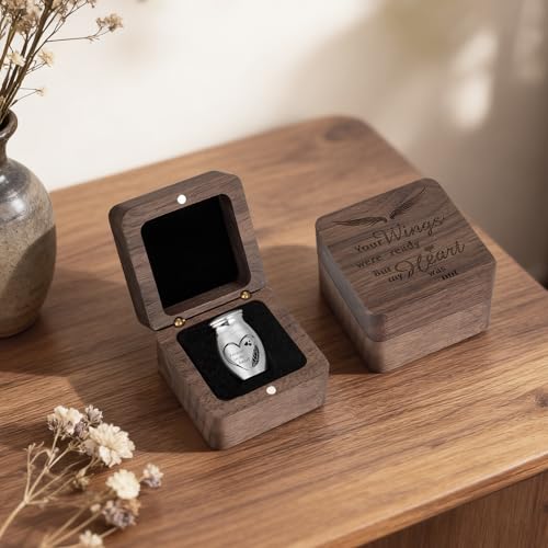 Dletay Angel Wing Small Urns for Human Ashes Square Wooden Keepsake Box 1.57 Inches Heart Mini Cremation Urns for Women Men Memorial Funeral Urn
