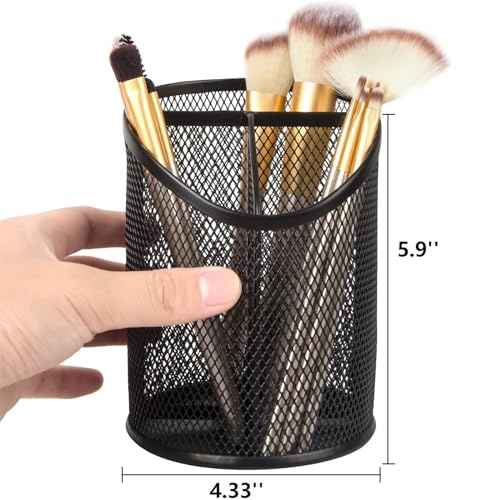 2 Pack Mesh Pencil Holder Pen Cup for Desk Round Black Pen Holder Desktop Pen Organizer 3 Compartments Pencil Organizer Desk Organizer for Office Home School