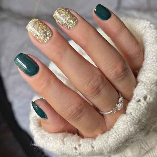RikView Square Press On Nails - Short Fake Nails with Glitter Design, Glossy Finish - Green, 24 PCS