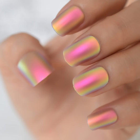 Coolnail Chrome Pink Gold Short Fake Nails Rainbow Squoval Square Gel False Press on Nails for Girl Full Cover Wear Finger Nail Art Tips