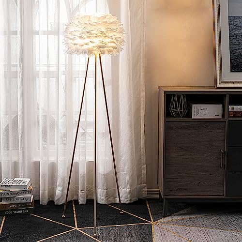 Maxax 60" Feather Floor Lamp, Tripod Floor Lamp with White Feather Shade, Modern Gold Standing Light for Bedrooms/Dining Room/Living Room/Kitchen
