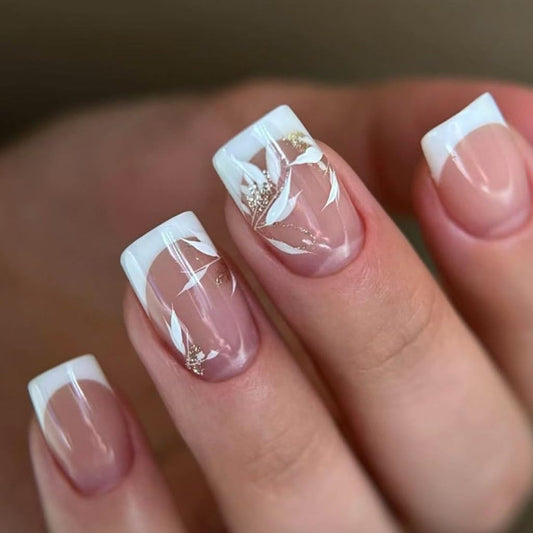 White French Tip Press on Nails Square - Short Fake Nails with Leaf Design - Fall Full Cover Stick on False Nails -for Women 24 Pcs