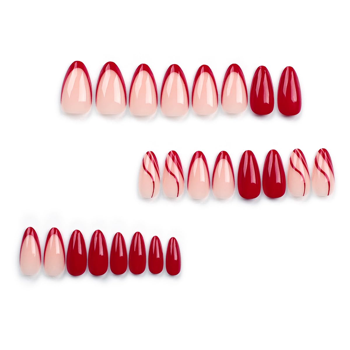 KTAABTR Red French Tip Press on Nails Medium Almond Shaped Fake Nails with Glue Red Corrugated Design Acrylic Nails Stick on Nails for Woman DIY Manicure French Nail Tip Lines False Nails 24Pcs