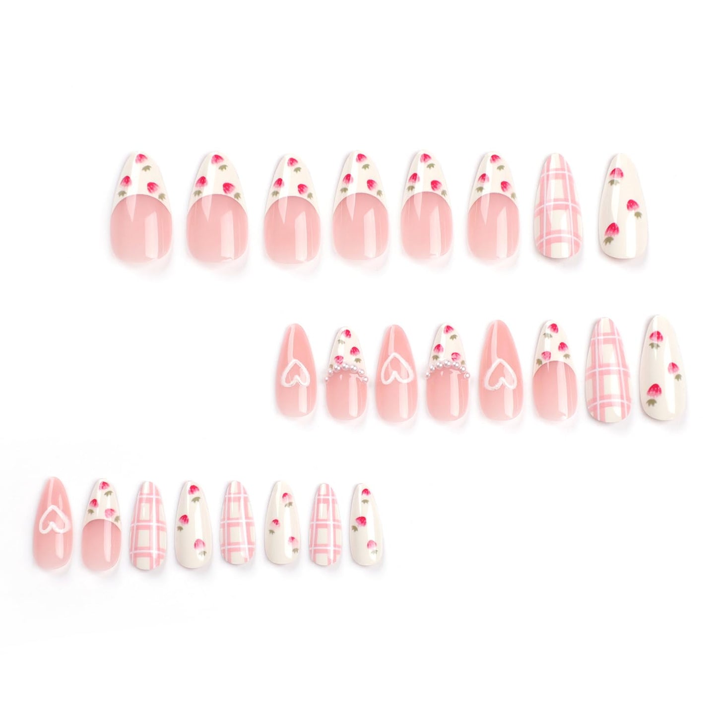 French Tip RIICFDD Almond Fake Nails Pearl Charm Designs Cute Strawberry Pattern False Nails Milky White Glossy Full Cover Stick on Nails for Women and Girls - 24 Pcs