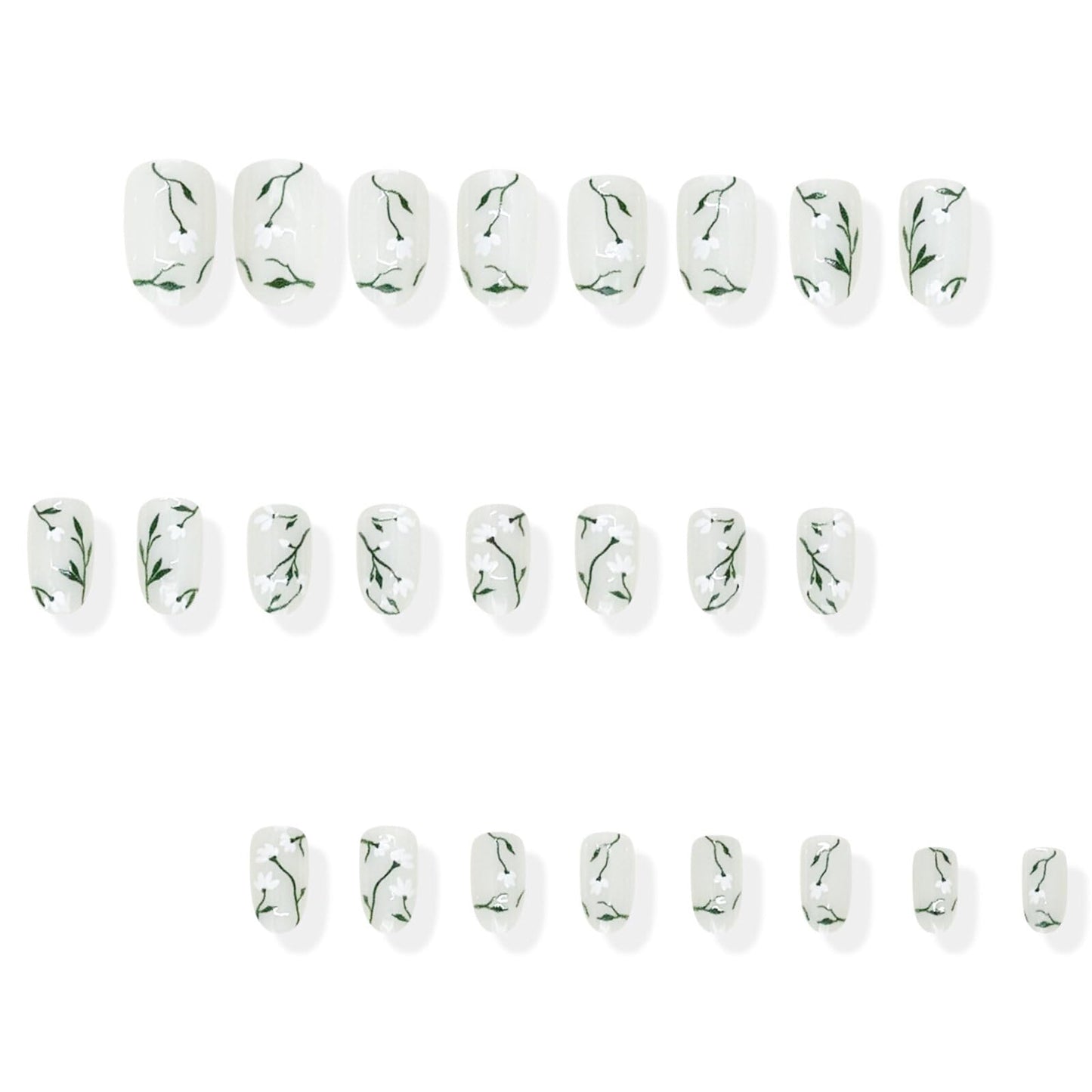 Floral Medium Oval Press on Nails Milky White Base White Floral Accents Green Vine Details Glossy Finish Reusable Spring Nails Easy Apply Wear Durable Trendy Women Girls Nails Art 24 Pcs