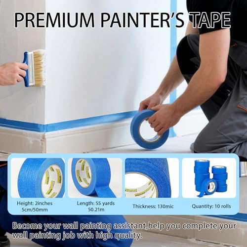 Blue Painters Tape 10rolls,2Inch x 55Yards,Blue Masking Tape,Paint Tape for Wall Painting,DIY Crafts Arts,Painter's,Decoration Labeling,No Residue, Easy Removal