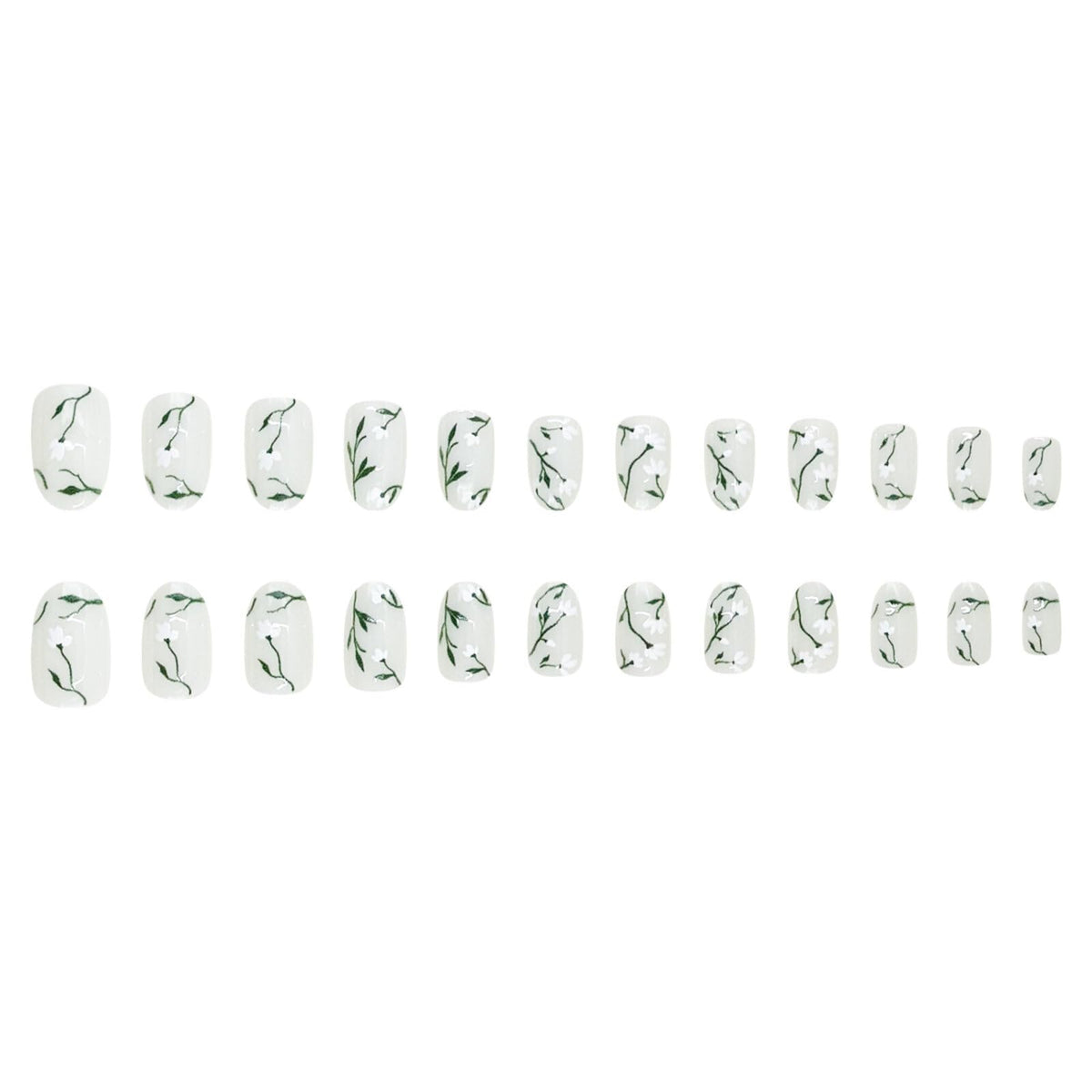 Floral Medium Oval Press on Nails Milky White Base White Floral Accents Green Vine Details Glossy Finish Reusable Spring Nails Easy Apply Wear Durable Trendy Women Girls Nails Art 24 Pcs