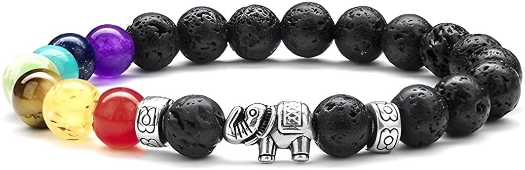 PawsFourLove Elephant Gift Bracelet, 8mm Natural Howlite Stone Bracelets for Women Men Stress Relief 7 Chakra Yoga Bracelet Bead Bracelets for Women Elephant (7 Chakra Silver/Lava)