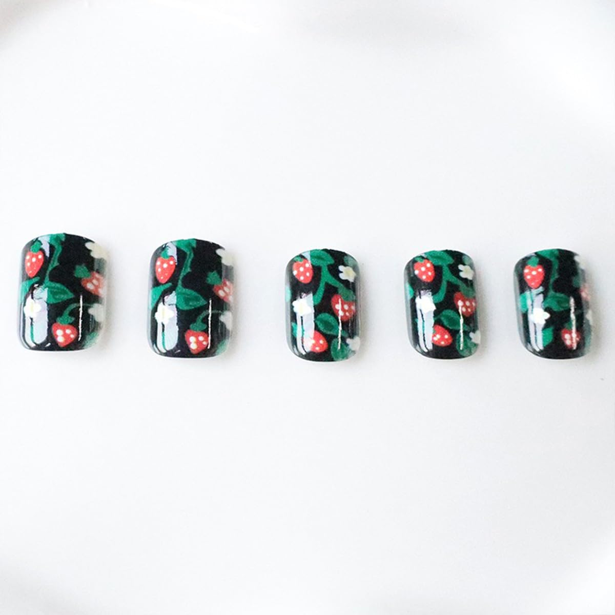 24Pcs Press on Nails Short Square False Nails with Cute Strawberry Nails Press on with Flower Leaves Design Black Acrylic Fake Nails Summer Full Cover Gloss Glue on Nails for Women Girls