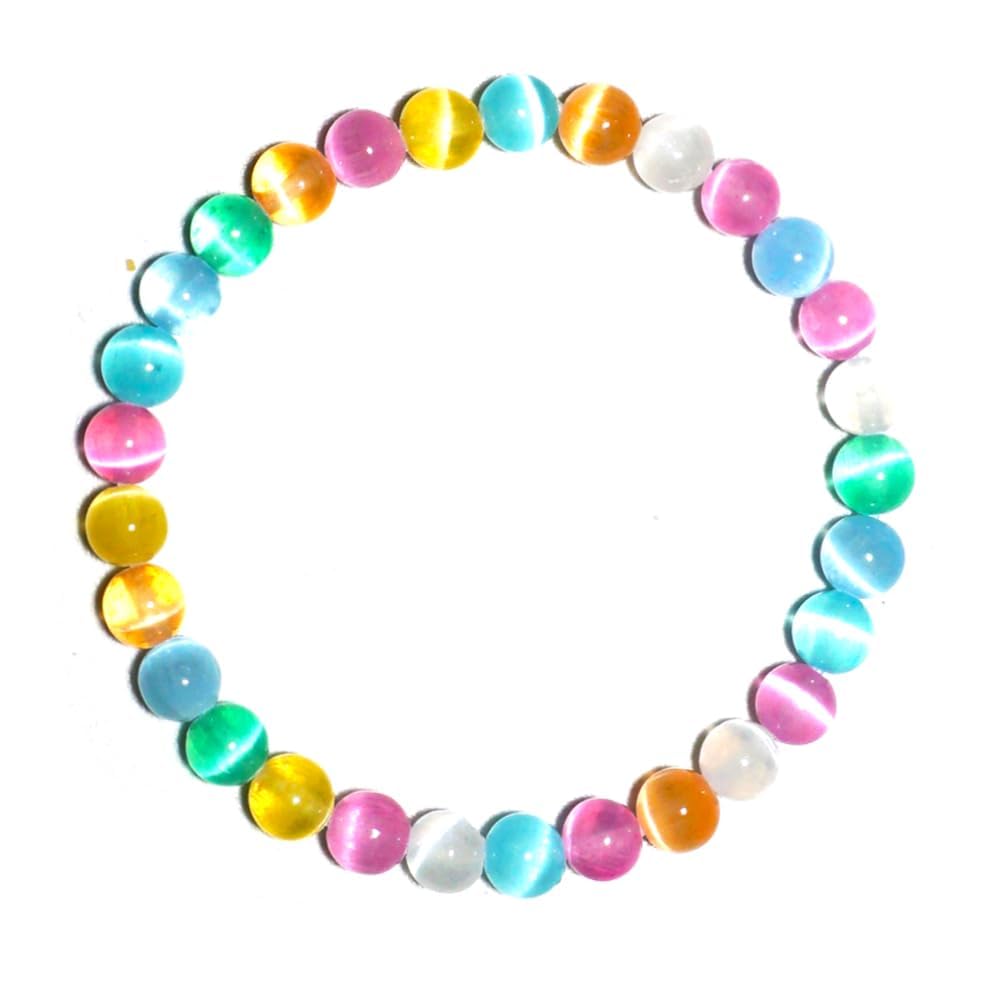 6mm Rainbow Selenite Bracelet - Iridescent Natural Crystal | Handmade Meditation Bracelet with Cat-Eye Effect | Come with Beading Tool Kit - Adjustable to 6.5-7.5 inches Wrist Size