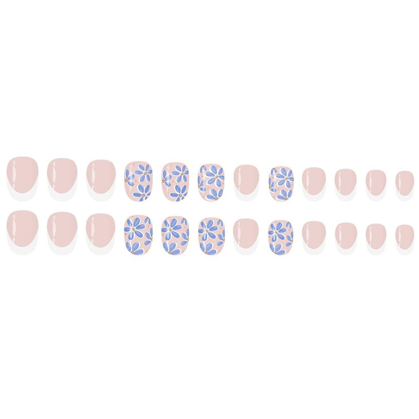 White French Tip Press on Nails Short Almond Fake Nails False Nails with Blue Flower Glitter Designs Glossy Glue on Nail Summer Spring Acrylic Nails for Women Girls 24Pcs