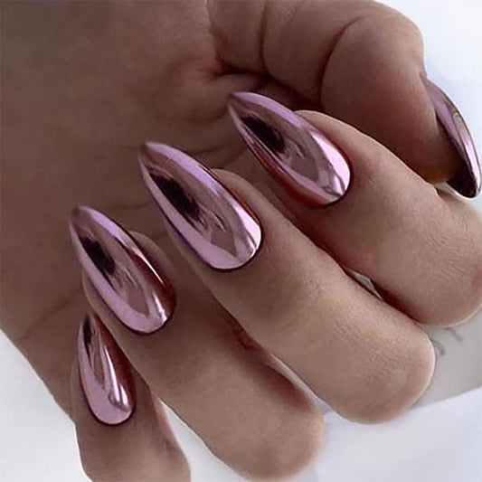 Pale Pink Chrome Press on Nails Medium Almond Fake Nails Rose Pink Electroplating Chrome False Nails Metal Mirror Acrylic Stick on for Women Girls Manicure Decoration 24Pcs