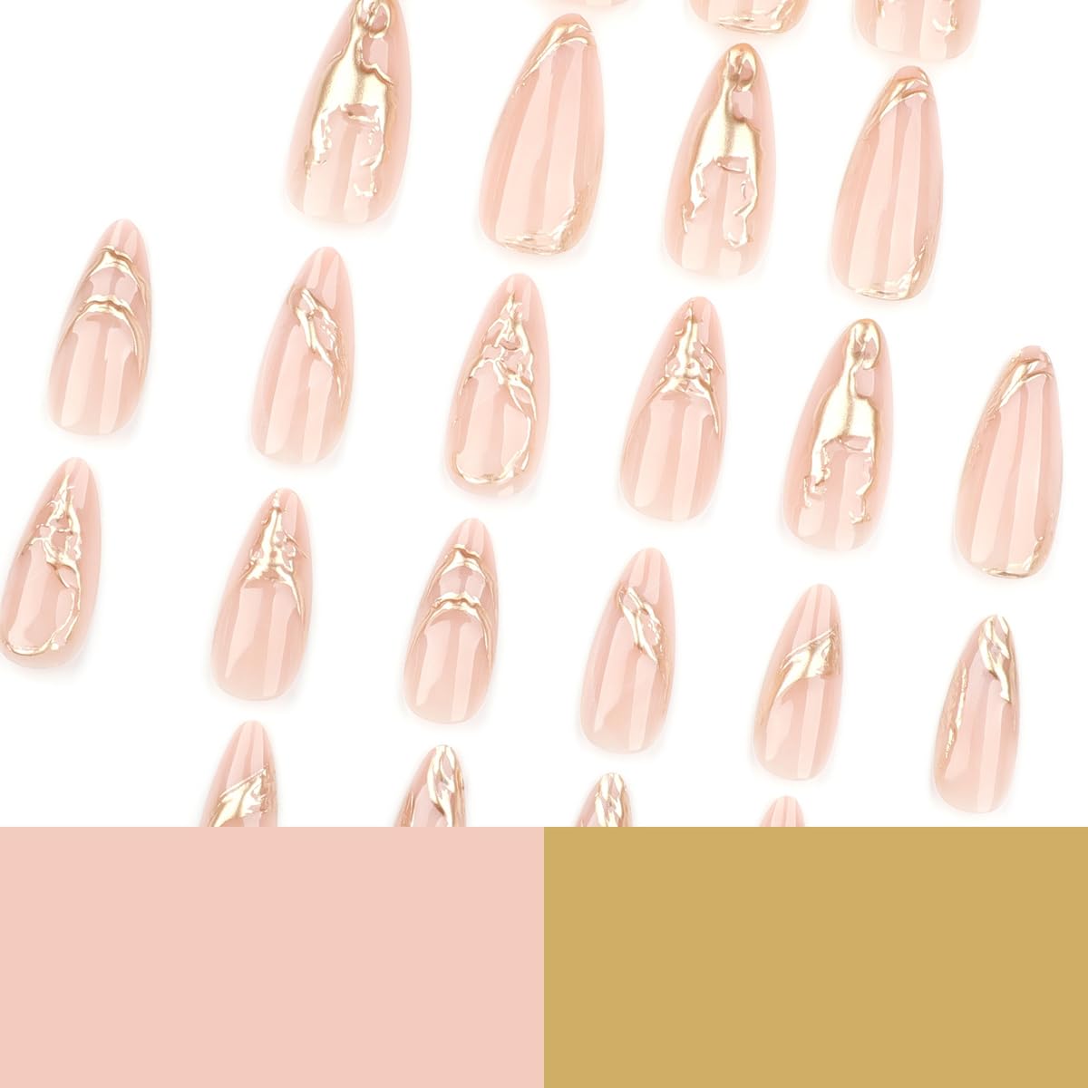 Gold Press on Nails Almond Fake Nails with Design Medium False Nails Press ons,Reusable Acrylic Nail Full Cover Glossy Glue on Nail Stick on Nails for Women Girls Manicure 24 Pcs
