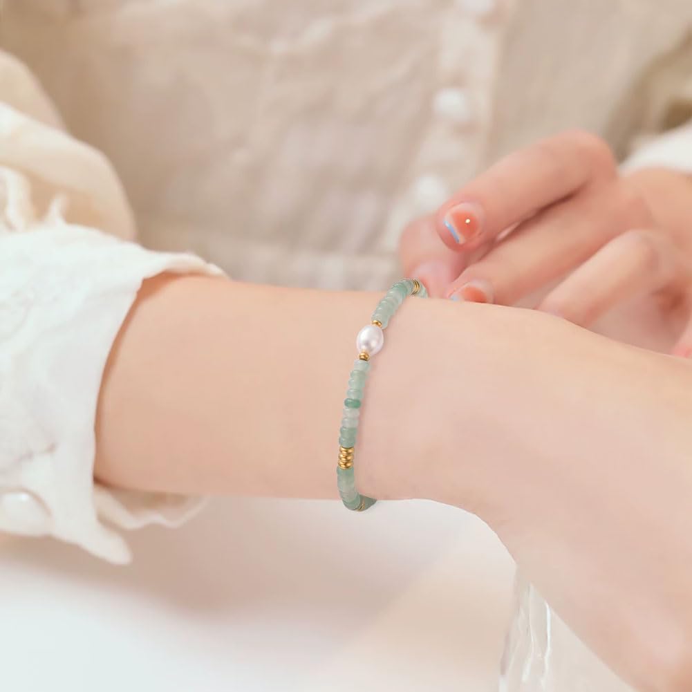 vissen Green Natural Stone Bracelet for Women with White Pearl Gold Plated Beaded Adjustable Dainty Jewellery