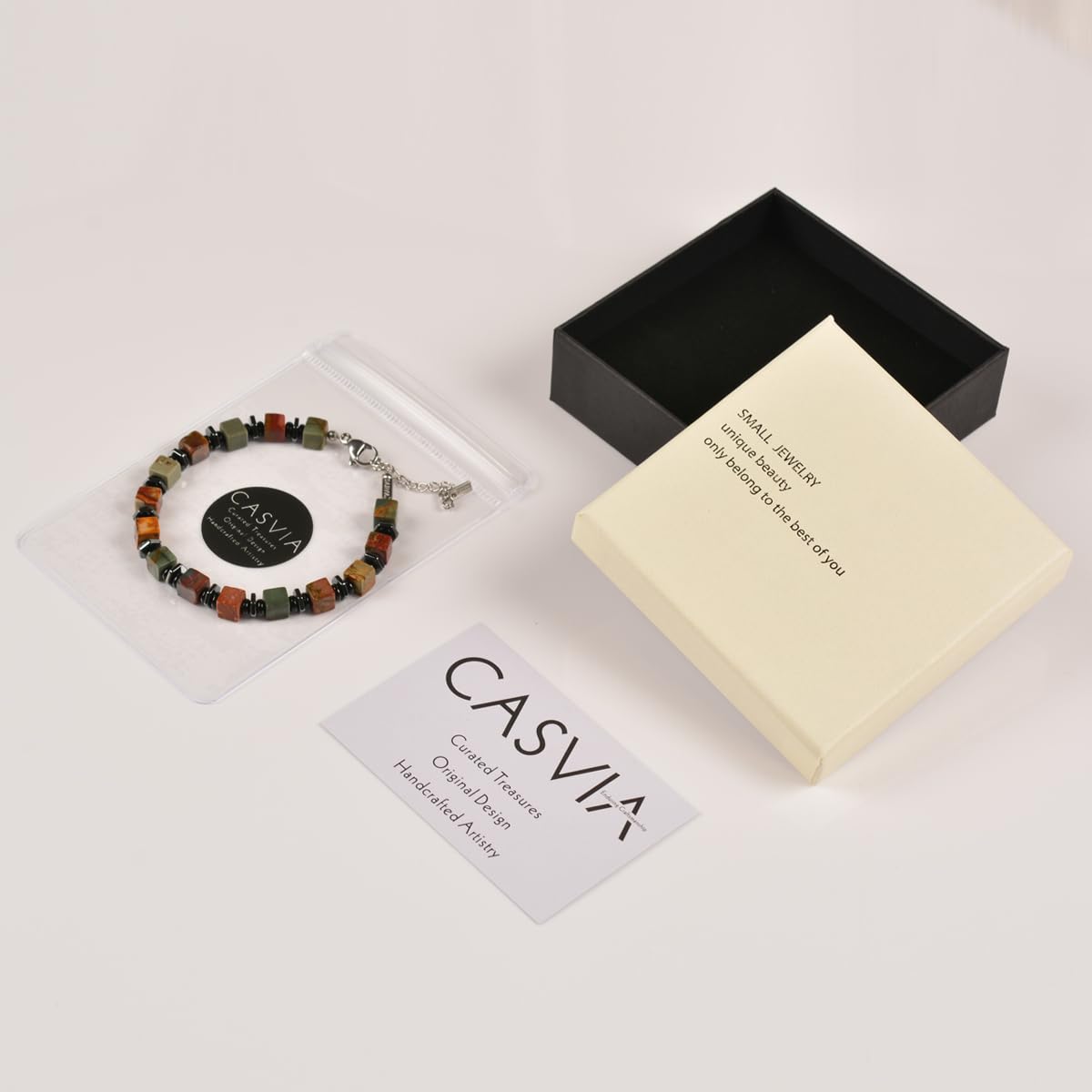 Casvia original beaded bracelets for men Picasso jasper mens bracelet with hematite and black onyx spacers stainless steel adjustable chain Handmade Viking style Great for yourself or friends