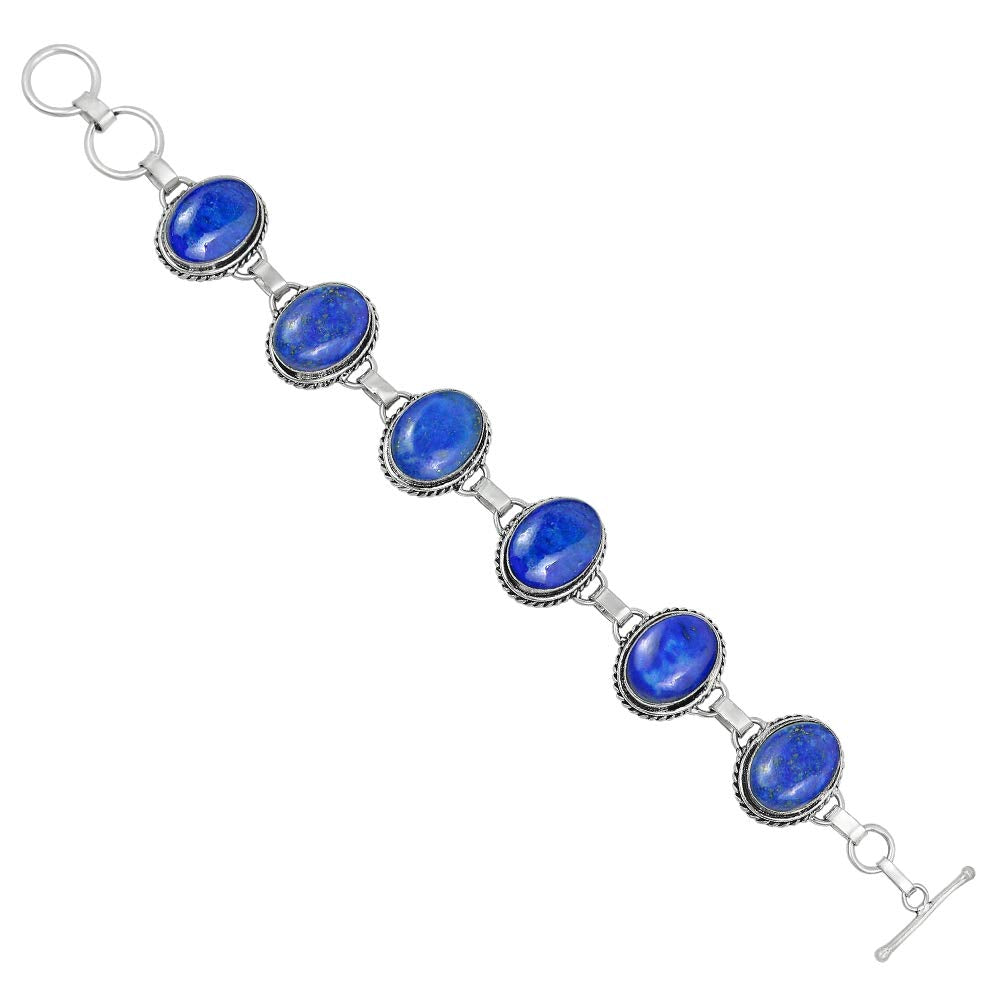 Natural Lapis Lazuli Silver Plated Handmade Link Bracelet for Women - September Birthstone Oval Gemstone Adjustable Bracelet Vintage Style Bohemian Jewelry - Mother's Day Gifts for Her