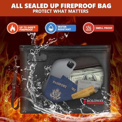 ROLOWAY Fireproof Document Bag (14.5 x 11.5 inch), 6400¢µ Fireproof Money Bag with Zipper for Cash, Fire Safe Money Pouch with Lock (Black)