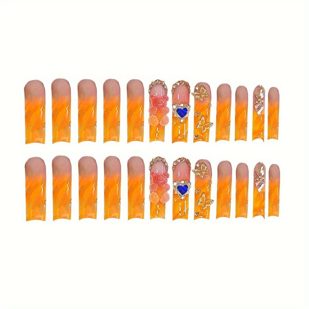 Ombre Orange French Tips Press on Nails Long Square Fake Nails with Hearts Bear Charm Design Butterfly Diamond False Nails Flower Fake Toenails Short Square Press on Toenails for Women Manicure 48Pcs