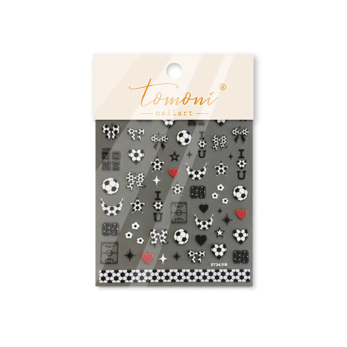 5D Embossed Nail Stickers Black White Nail Decals Soccer Bow Star Heart Nail Art Stickers Self-Adhesive Nail Stickers for Nail Art for Women Girls Y2K DIY Manicure, 1 Sheet
