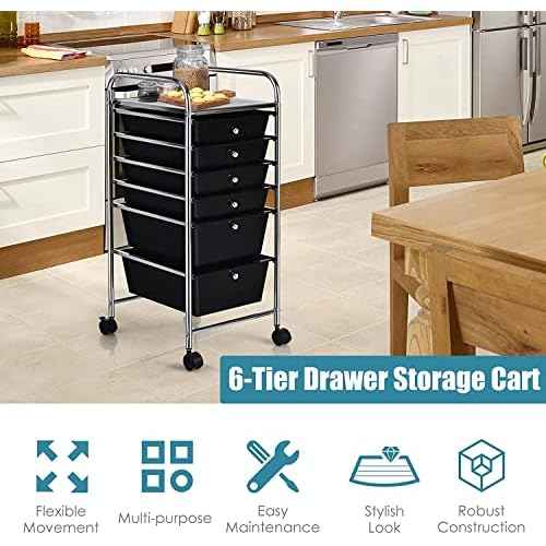 FANTASK 6-Drawer Rolling Storage Cart, Multipurpose Mobile Utility Storage Organizer for Home Office School (Black)