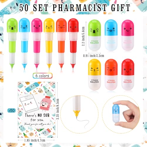 50 Sets Pharmacy Technician Accessories Gift Pharmacy Badge Reel Pill Shaped Pens Inspirational Appreciation Card Pharma Funny Gifts for Nurse Practitioner Week Medical Assistant Doctor