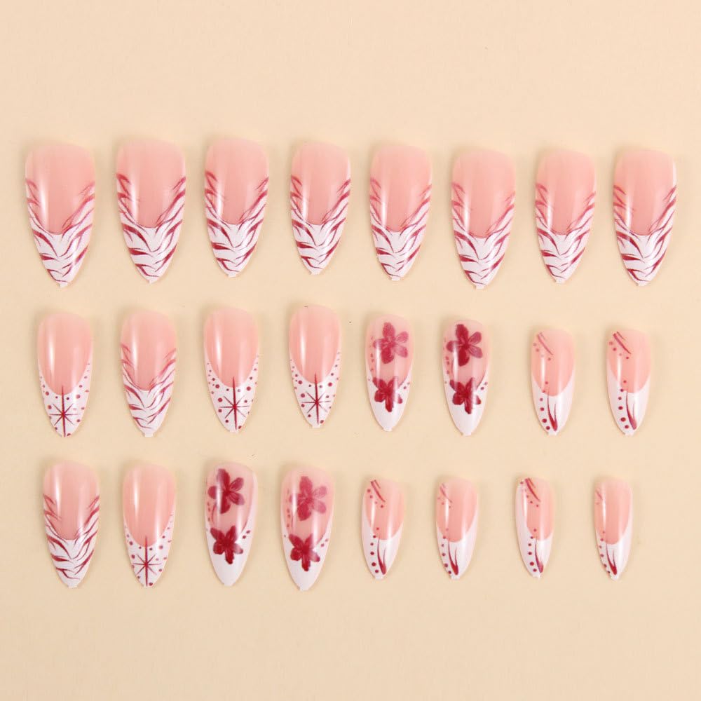 MINGCHUN Pink Press on Nails Medium Almond White French Tip Fake Nails Press ons Acrylic Nail Art Kit Full Cover False Nails Glue on Nails with Flame Flower Glossy Design for Women Nail Supplies 24Pcs