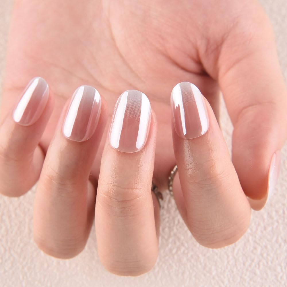 evpct Nude White Ombre Glazed Press On Nails Short Oval No Glue, Glazed Glossy Aurora Stick on Nail for Women, Reusable Full Cover Soft Press on Fake Nail Perfectly Fit with Ombre Design Salon-quality