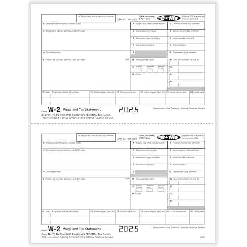 W2 Forms 2025 Income Set with envelopes, 6 Part 50 Employees Legal Laser Tax Forms kit and 6 W3s Transmittal Forms with 50 Self Seal Envelopes, Great for QuickBooks and Accounting Software