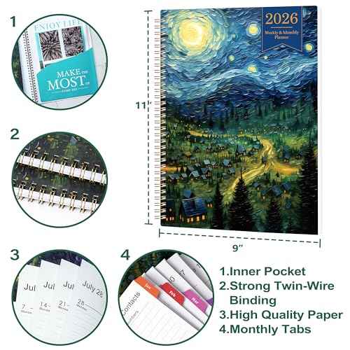 2026 Planner - 2026 Planner Weekly and Monthly, Planner 2026, Jan 2026 - Dec 2026, 8.5" x 11", Monthly Planners with Colourful Tabs & Pocket, Flexible Cover, Twin-Wire Binding- Oil Painting