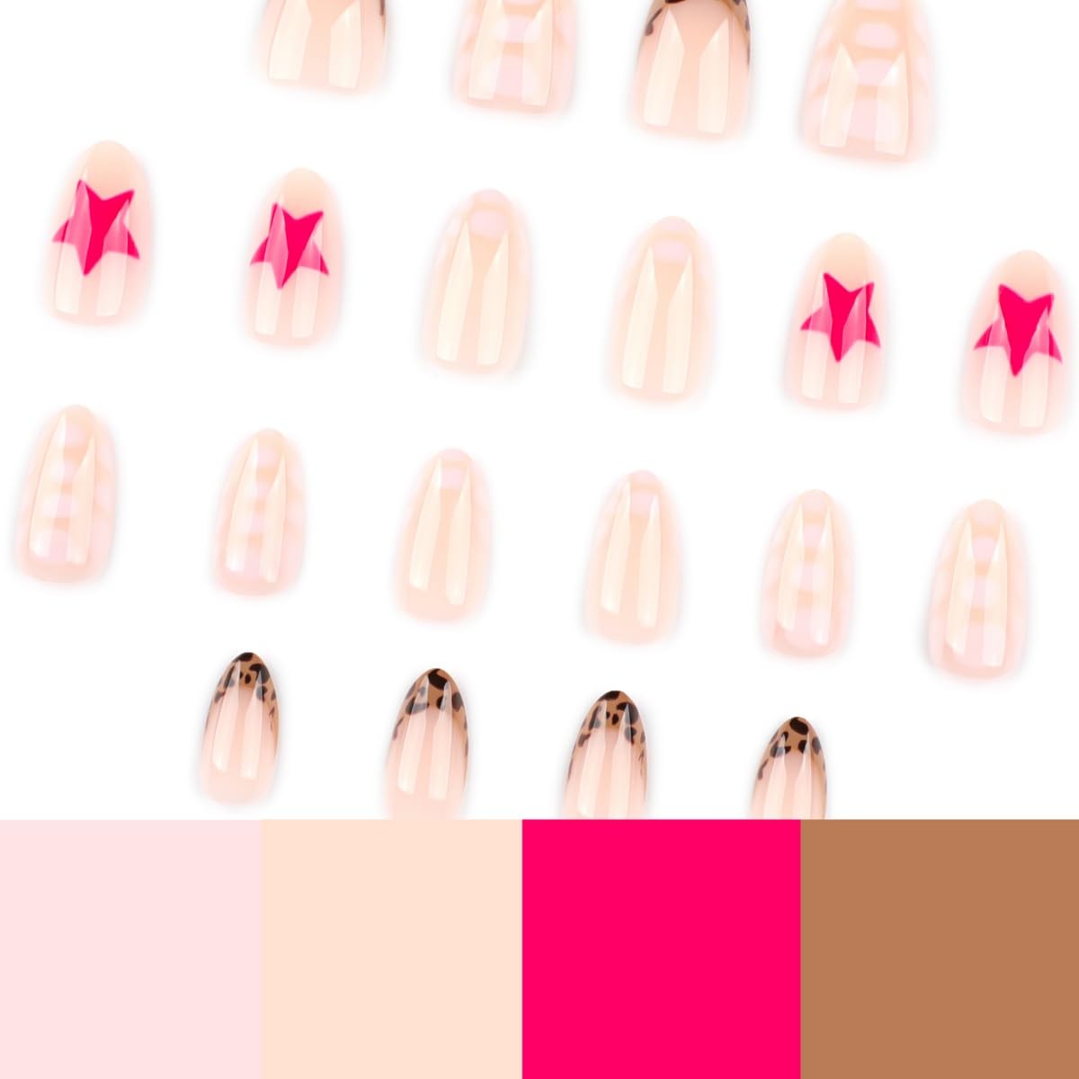 24Pcs French Tips Press on Nails Short Almond Fake Nails with Leopard Designs Cute Pink Star False Nail Nude Nails Press Ons Artificial Full Cover Acrylic Glue on Nail for Women Girl Manicure