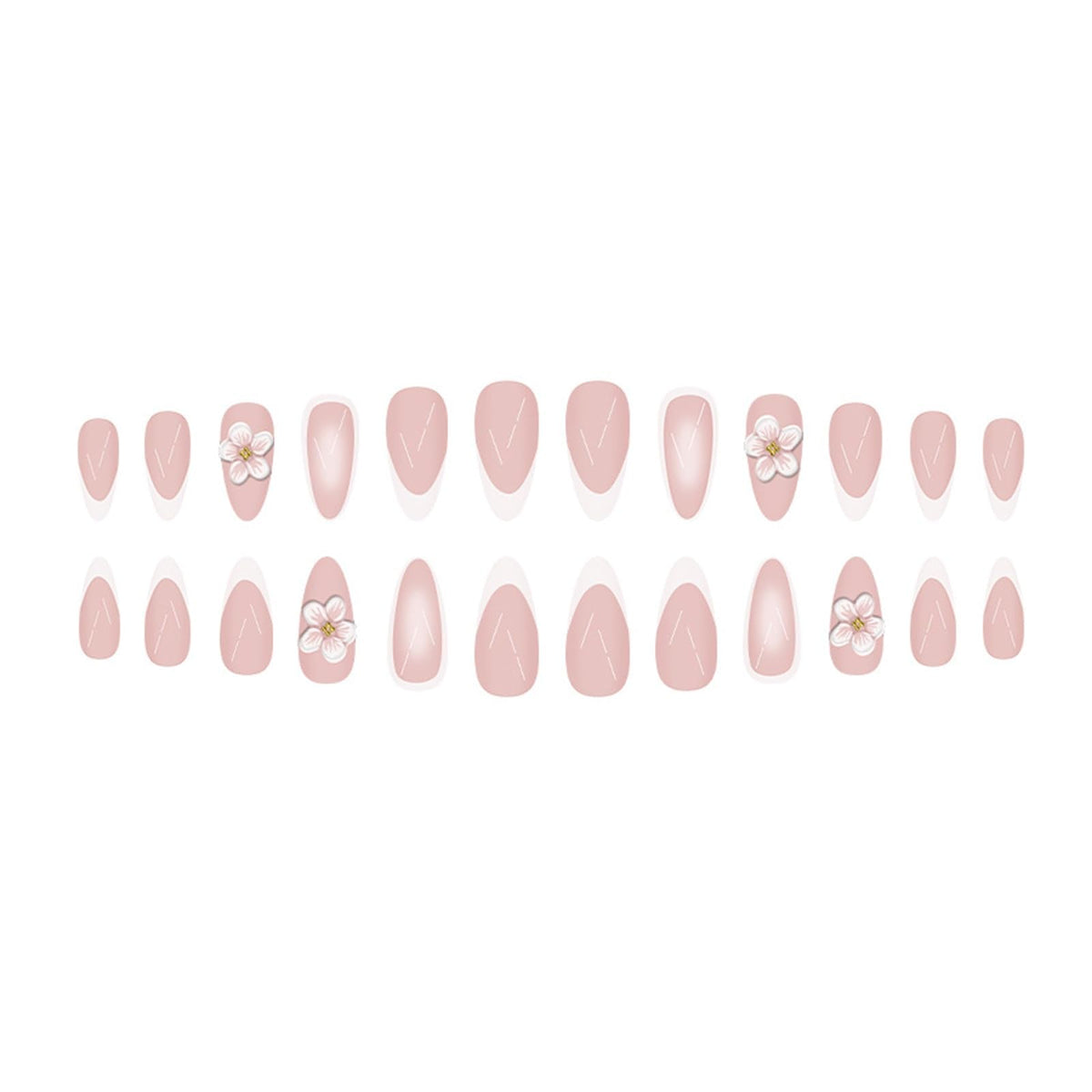 24Pcs 3D Embossed Flower Press on Nails Medium Almond Fake Nails white French Tip with Gold Pearl Design False Nails Cute Pink Floral Glossy Acrylic Artificial Stick Nails for Women DIY Manicure 24Pcs