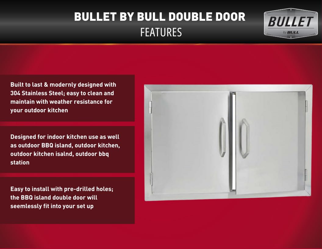 Bullet by Bull Stainless Steel Outdoor Kitchen Grill Set - Built-In Liquid Propane Grill -BBQ Kitchen Island Bundle - Includes 4 Burner Grill, Side Burner, Double Access Door & Double Storage Drawer
