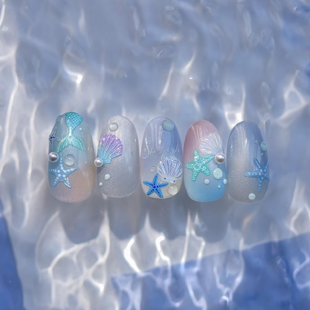 SOFTSOUL 5D Embossed Nail Stickers – Premium Salon-Grade Nail Art Stickers, Self-Adhesive Nail Decals, Long-Lasting, Detailed Textured Designs, Easy DIY Manicure, Home or Salon Use (Mermaid Blue)