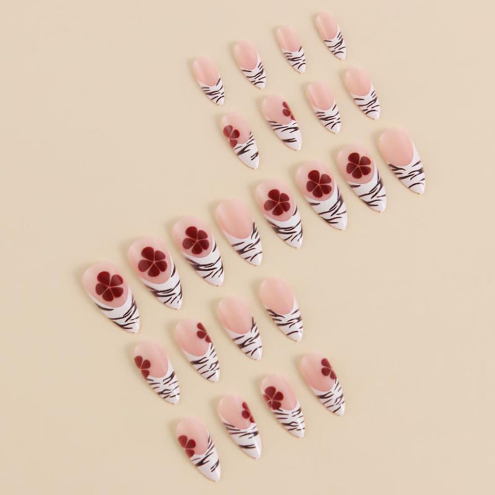 MINGCHUN Press on Nails Medium Almond French Tip Fake Nails Press ons Acrylic Nail Art Kit Full Cover False Nails Glue on Nails with Zebra Stripes Flower Glossy Design for Women Nail Supplies 24Pcs