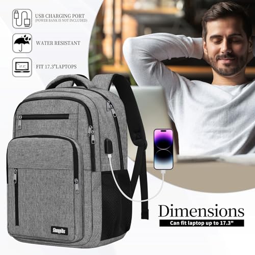 Backpack for Women Men, School Backpack for Boys Girls Teens, 17.3 Inch Laptop Backpack with USB Port, College Middle High School Bookbag, Water Resistent Business Mochila para hombre, Grey