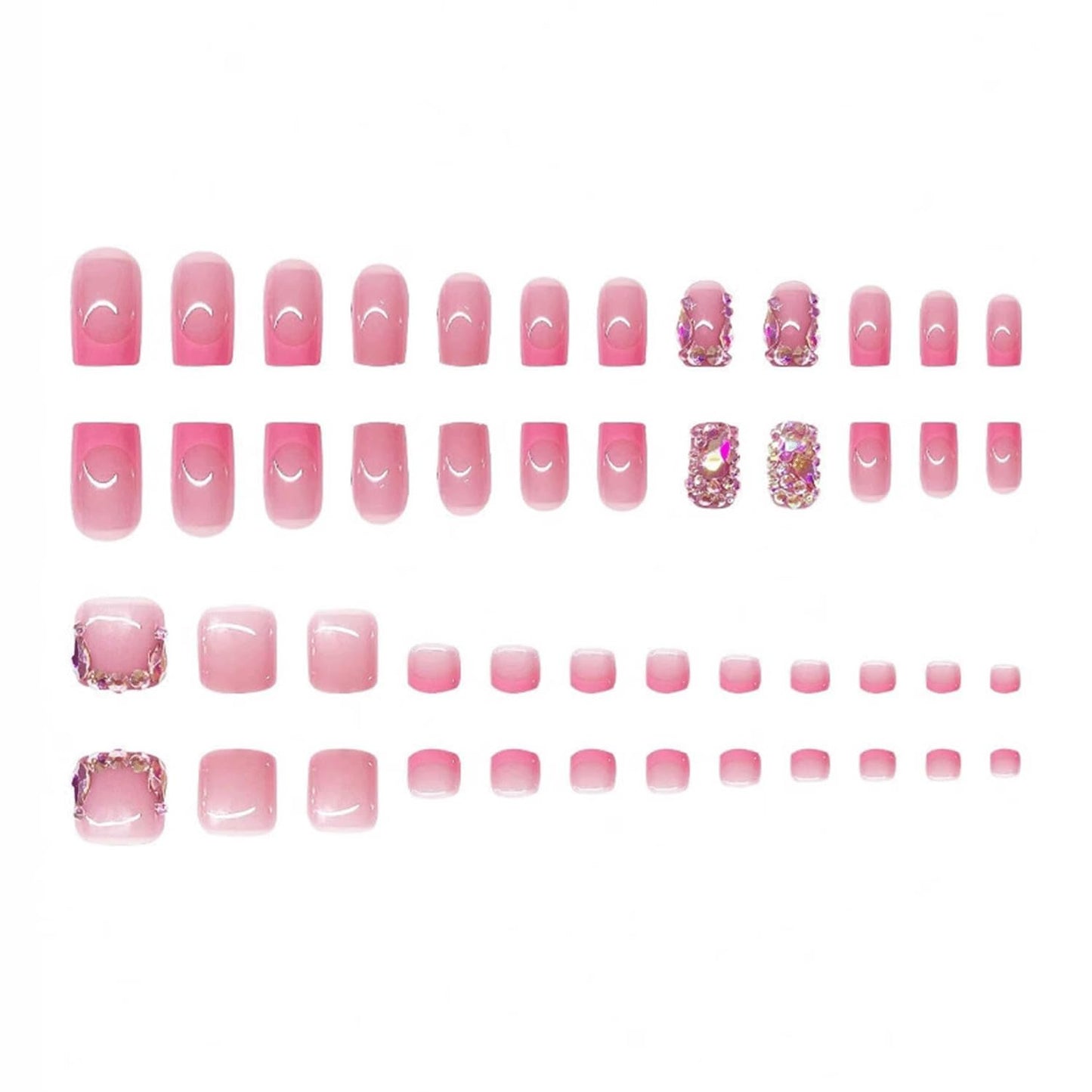 48Pcs Pink French Tip Press On Nails Square & Toenails Set With Rhinestones Design Fake Nails Pink Press On Toenails Holiday Shiny Acrylic Nails Kit Glossy Full Cover Glue On Toe nails For Women Girls