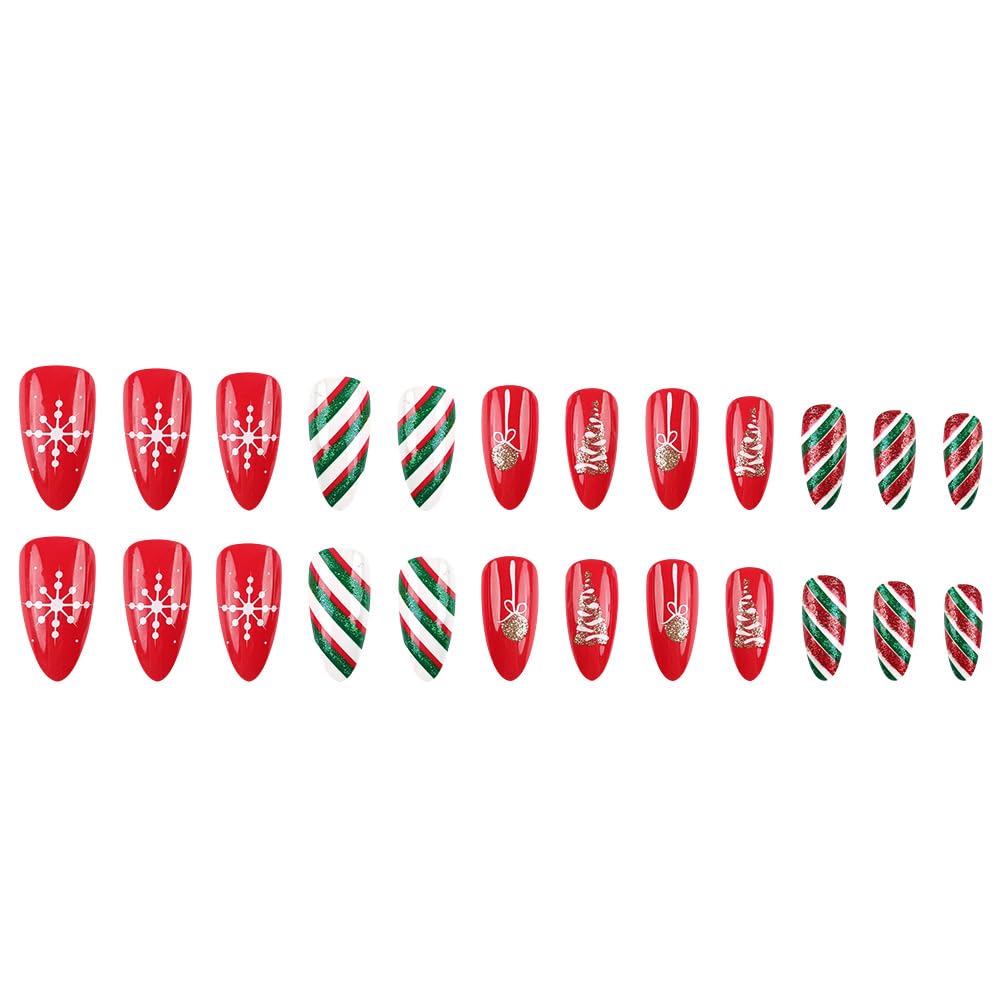 24Pcs Christmas Red Snowflake Press on Nails Long Almond Red Green Stripes Fake Nails with Glitter Christmas Tree Designs False Nails Full Cover Glossy Acrylic Holiday Stick on Nails for Women Girls