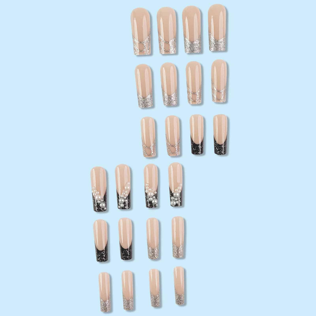 IMSOHOT Press on Nails Long Square Y2K Fake Nails with Pearls Design Silver Glitter Powder French False Nails Tips Full Cover Gel Glue on Nails for Women Girls 24Pcs