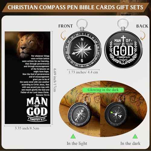 30 Sets Fathers Church Gifts Bulk Include Christian Mini Compass Man of God Compass Religious Ballpoint Pens with Gift Cards Bags for Dad Pastors Church Nautical Travel Party Favors