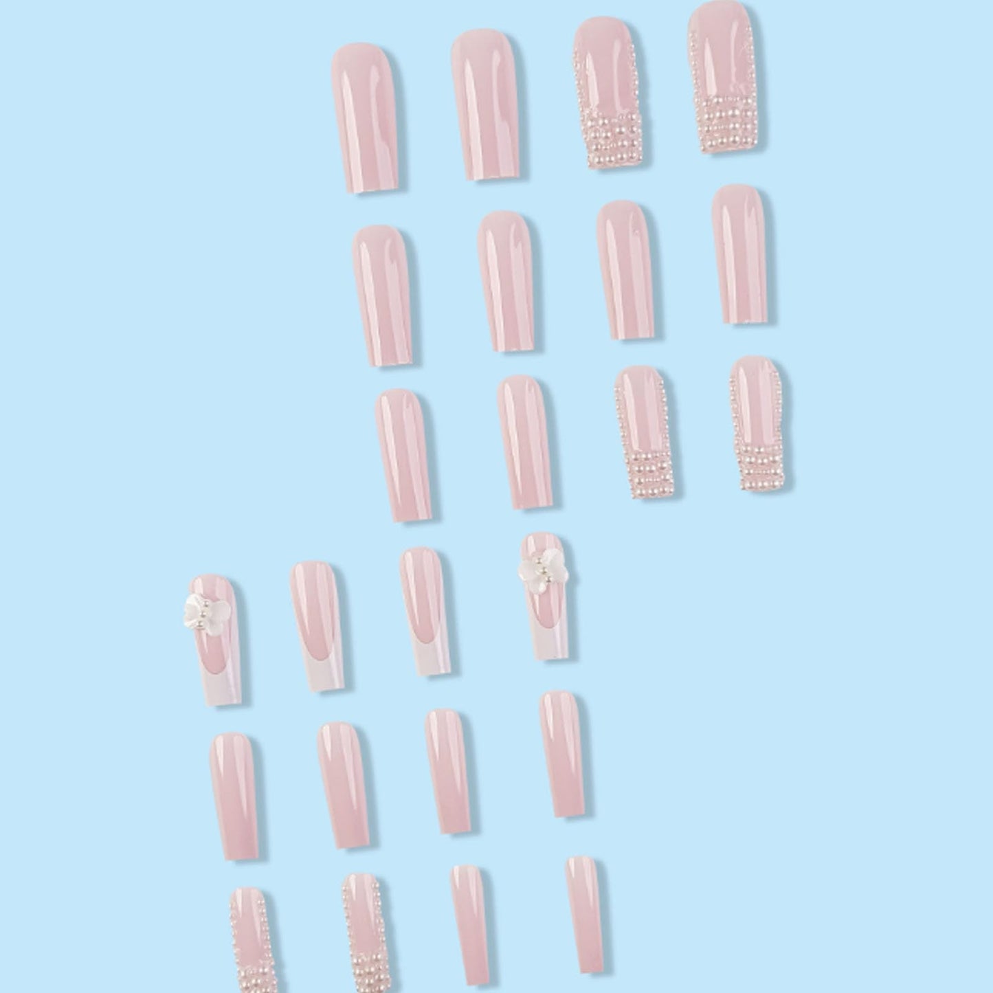 Kamize Long Fake Nails French Press on Nails Full Cover Acrylic Square Pearl Fake Nails for Women and Girls 24PCS