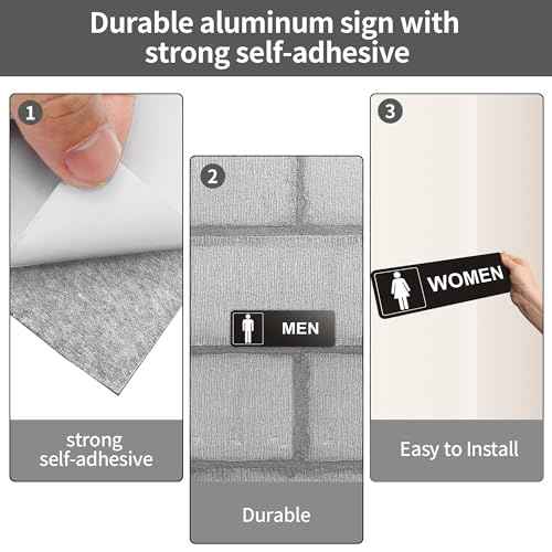 Restroom Sign - (2 Pack ) Metal Restroom Signs for Business with Strong Self-Adhesive, Bathroom Signs for Home Door or Wall, Ideal Unisex Restroom Signs for Women and Men, Easy to Install (Black Women and Men 9" x 3")