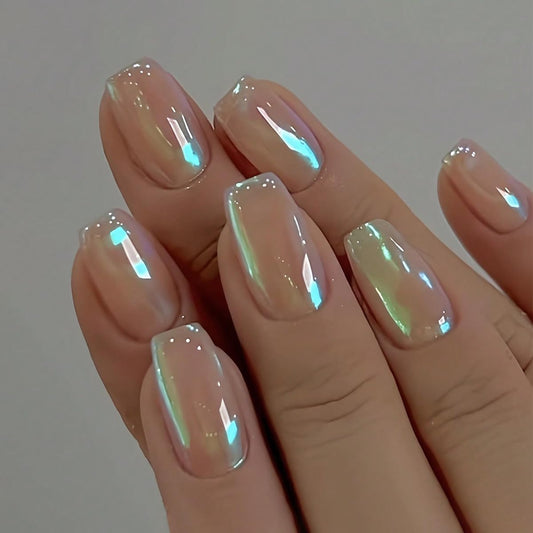 Chrome Press on Nails Short Square Fake Nails Glossy False Nails Aurora Acrylic Nails Reusable Full Cover Stick on Nails for Women Manicure