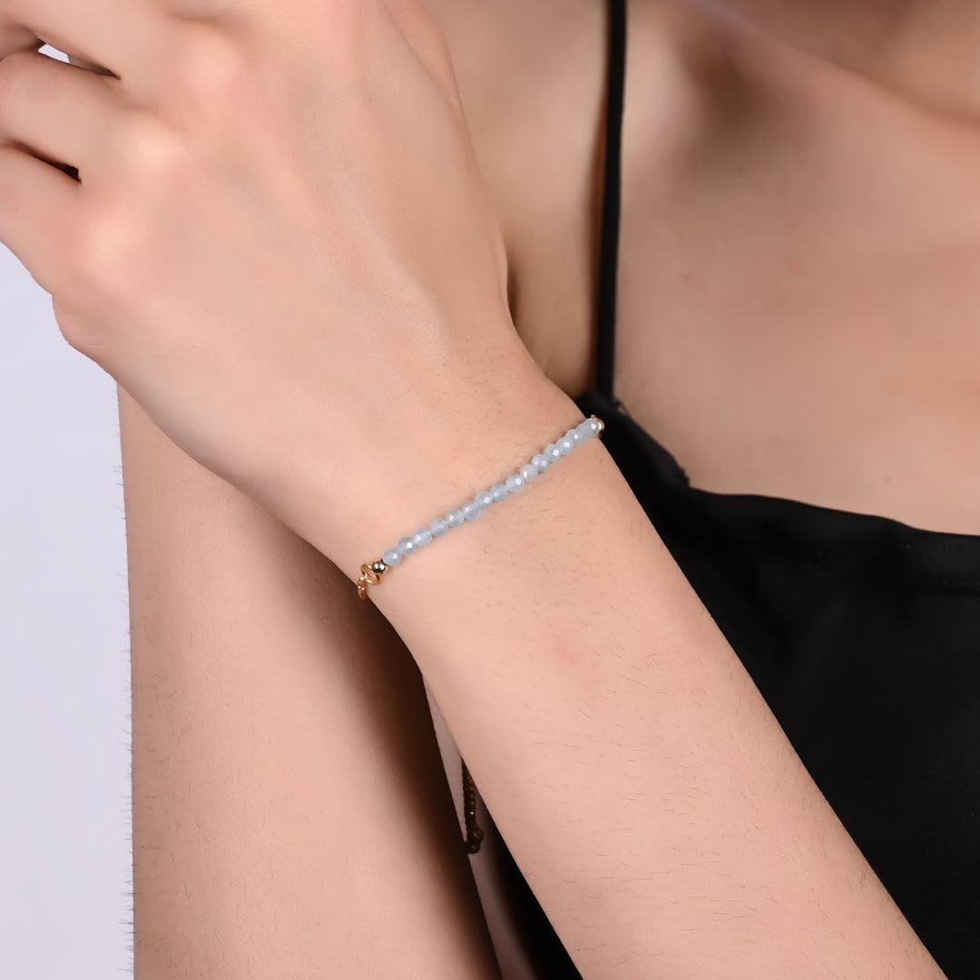 Gempires Birthstone Bracelets for Women, March Birthstone Jewelry, Aquamarine Gemstone Bolo Bracelet, 14k Gold Plated Chain (6-9 inch Adjustable Length)