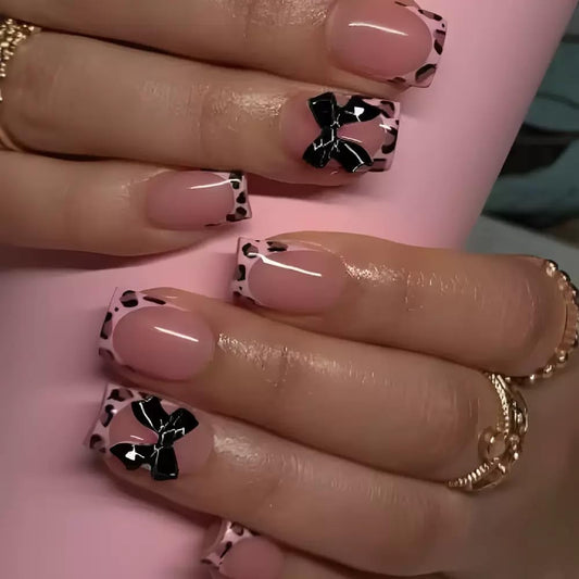 CTTHNBD Short Press on Nails Square - French Tip Fake Nails with Black Bow Design - Leopard Print False Nails for Women 24 Pcs