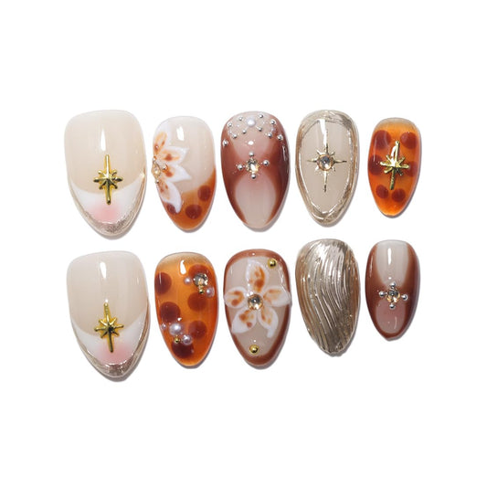 10 Pcs Short Almond Handmade Press On Nails | Amber Gradient with Gold Starburst & 3D Floral Accents | Reusable, Easy to Apply & Remove, Salon-Quality Manicure (RR15, XS)