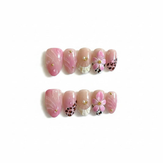 MikaJayboo Handmade Short Press on Nails Almond Shape Pink Gradient Fake Nails with 3D Flower Leopard Print & Gold Foil for Women Glue on Nails for Daily Party Manicure 10Pcs (Size L)