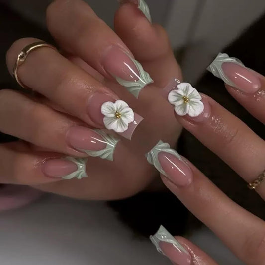 CTTHNBD Medium Press on Square Nails - Green French Tip Fake Nails with Flower Design - 3D, Spring False Nails for Women 24 Pcs