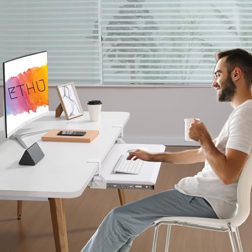 ETHU Keyboard Tray Under Desk, Pull Out Keyboard & Mouse Tray with C-clamp, Ergonomic Desk Keyboard Tray Slide Out, Pull Out Platform Drawer for Home and Office(White)