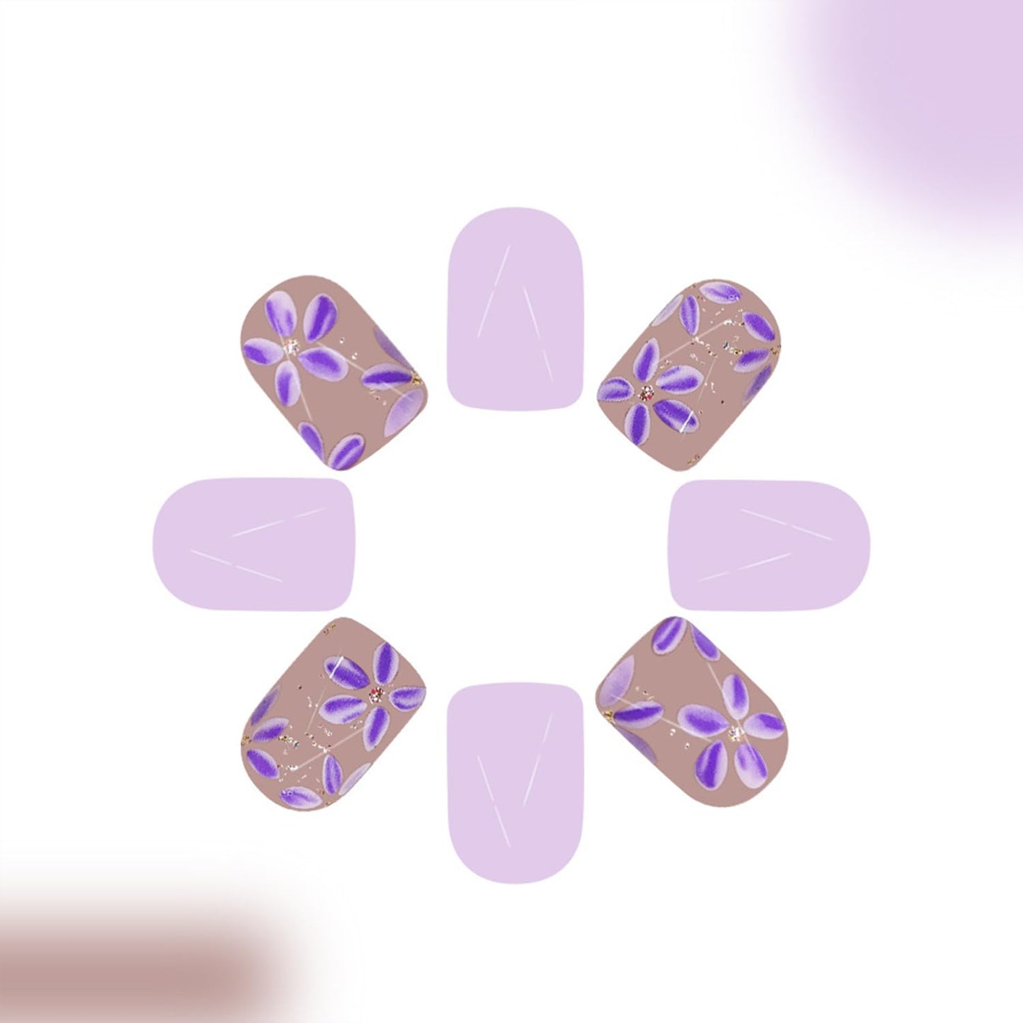 Short Press on Nails Cute Flower Fake Nails with Glitter Designs Purple Nails Press ons Square Spring False Nails Full Cover Glue on Nails Acrylic Nails for Women Spring Summer Daily Wear Salon